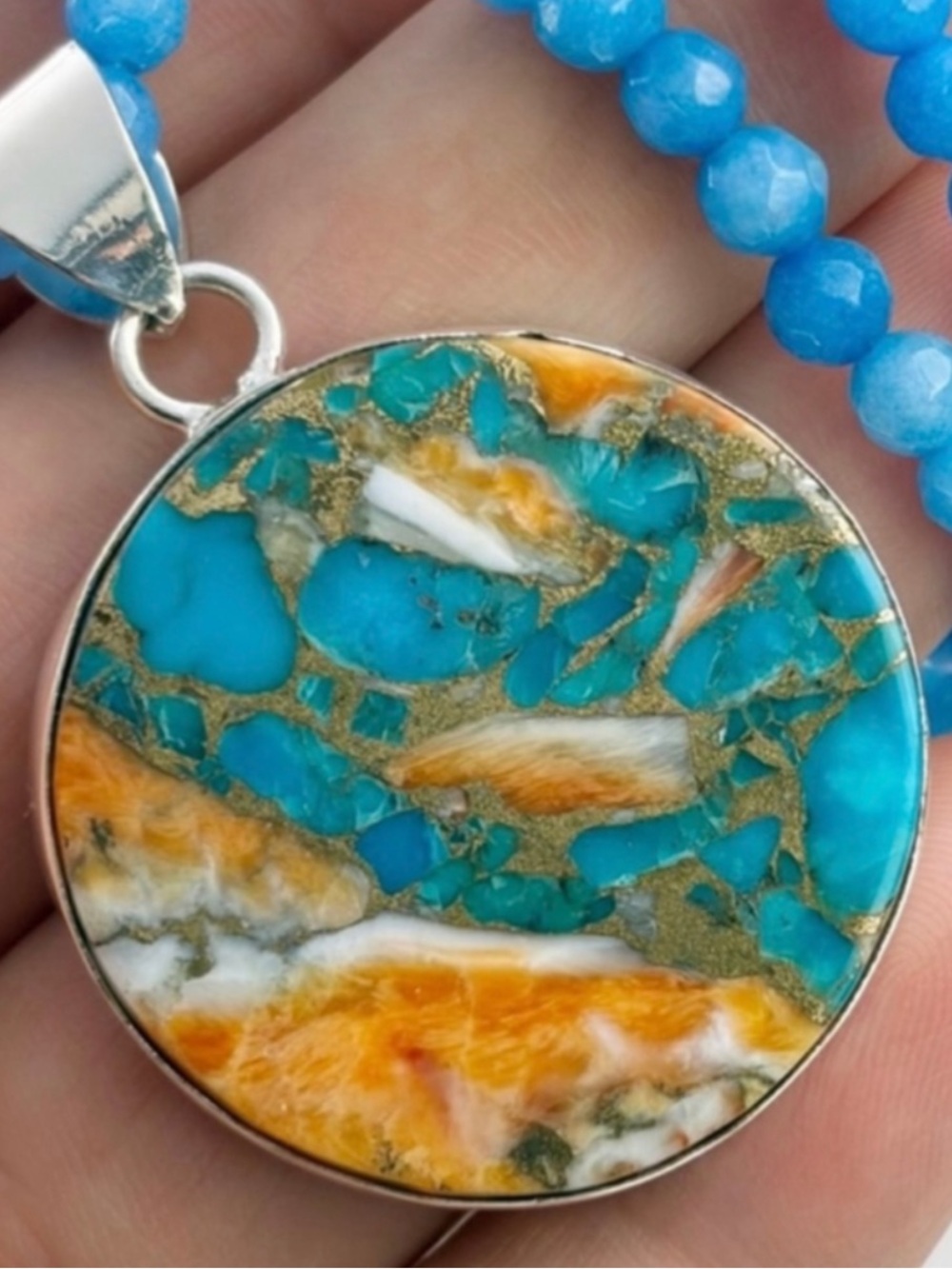 Sterling Silver 925 Oyster Turquoise Round Pendant and Necklace Southwest